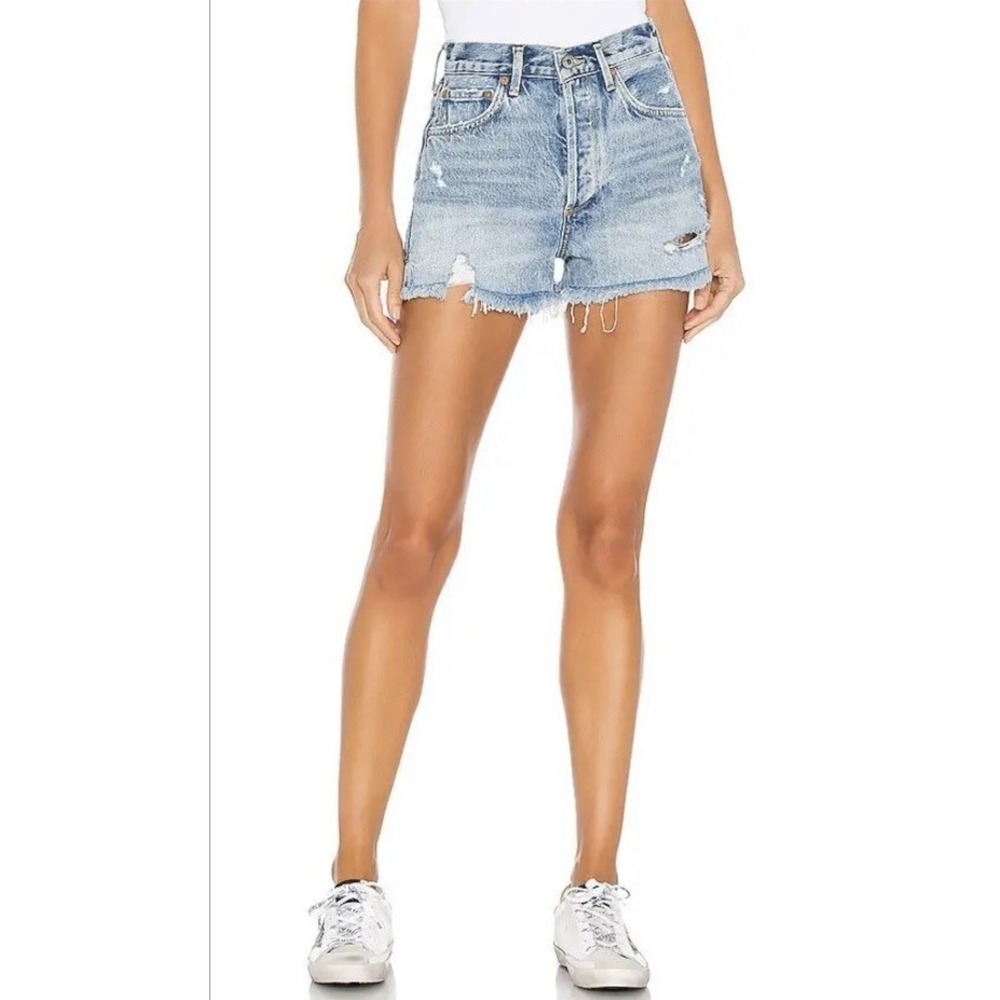 AGOLDE Jaden High Rise Cut Off Denim Shorts Raw Hem Blue Wash Swapmeet Size 28